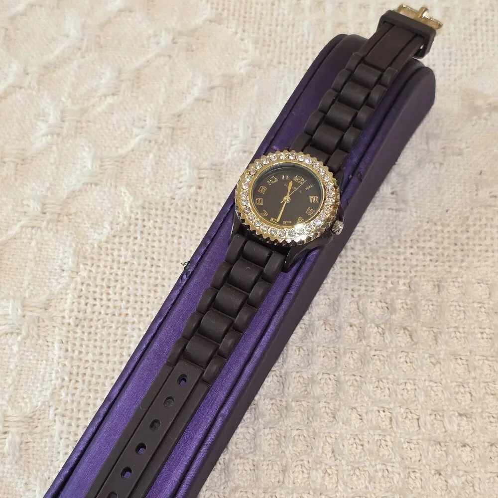Geneva Women's Gold Brown Crystal Accent Wrist Watch Brown Silicone Band Works